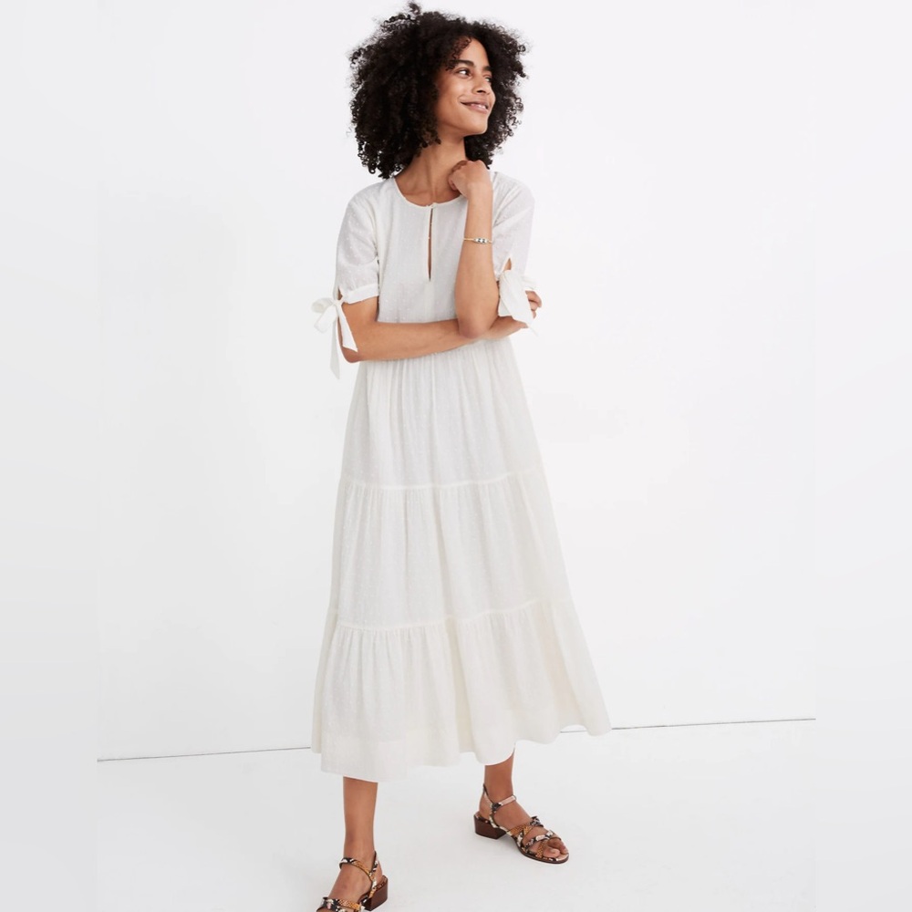 NWT Madewell Tie-Sleeve Tiered Midi Dress in Swiss Dot